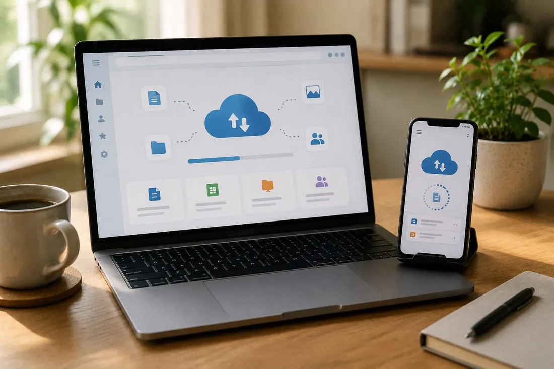 Cloud and Microsoft 365 setup across laptop and phone.