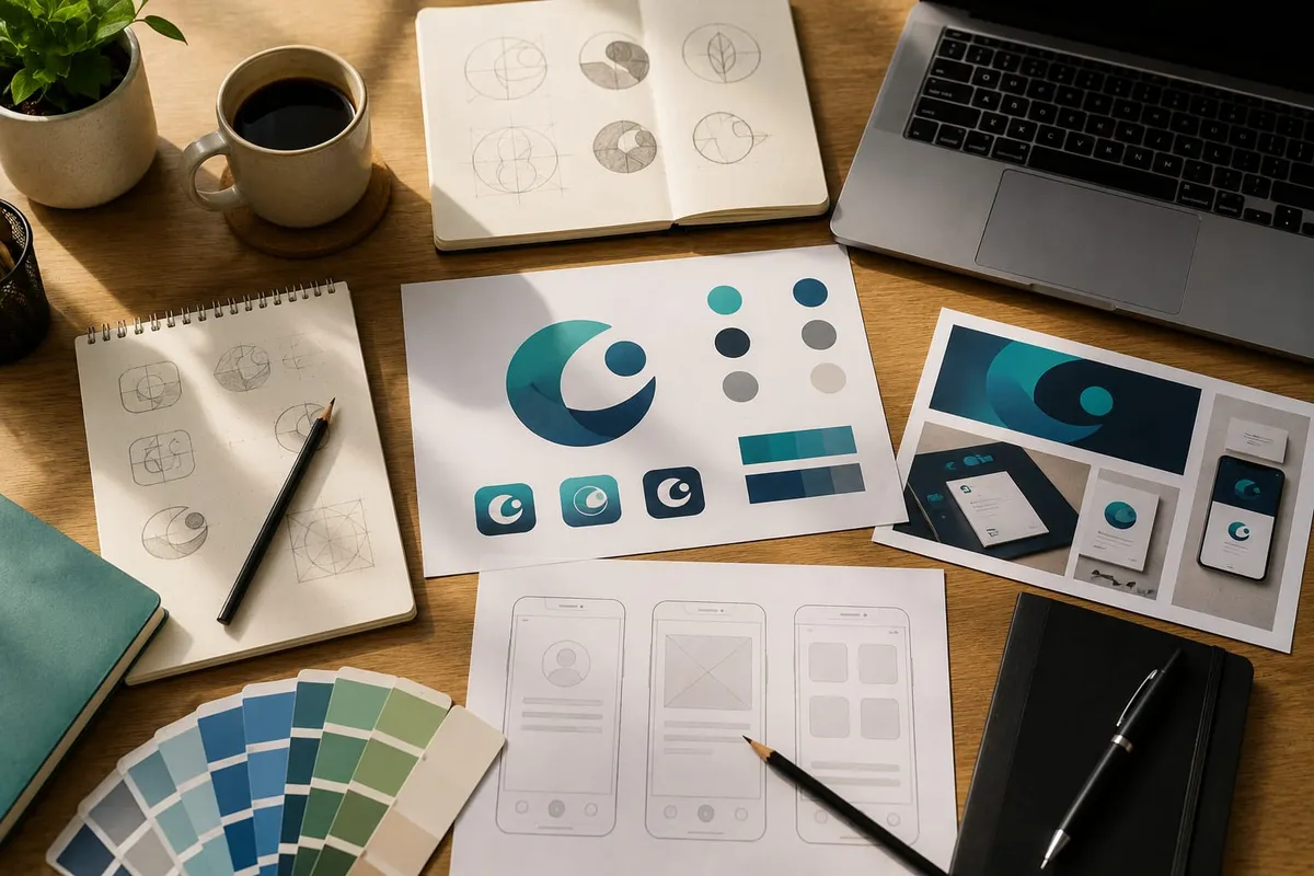 Brand and app design work in progress — from first concept through to finished production.