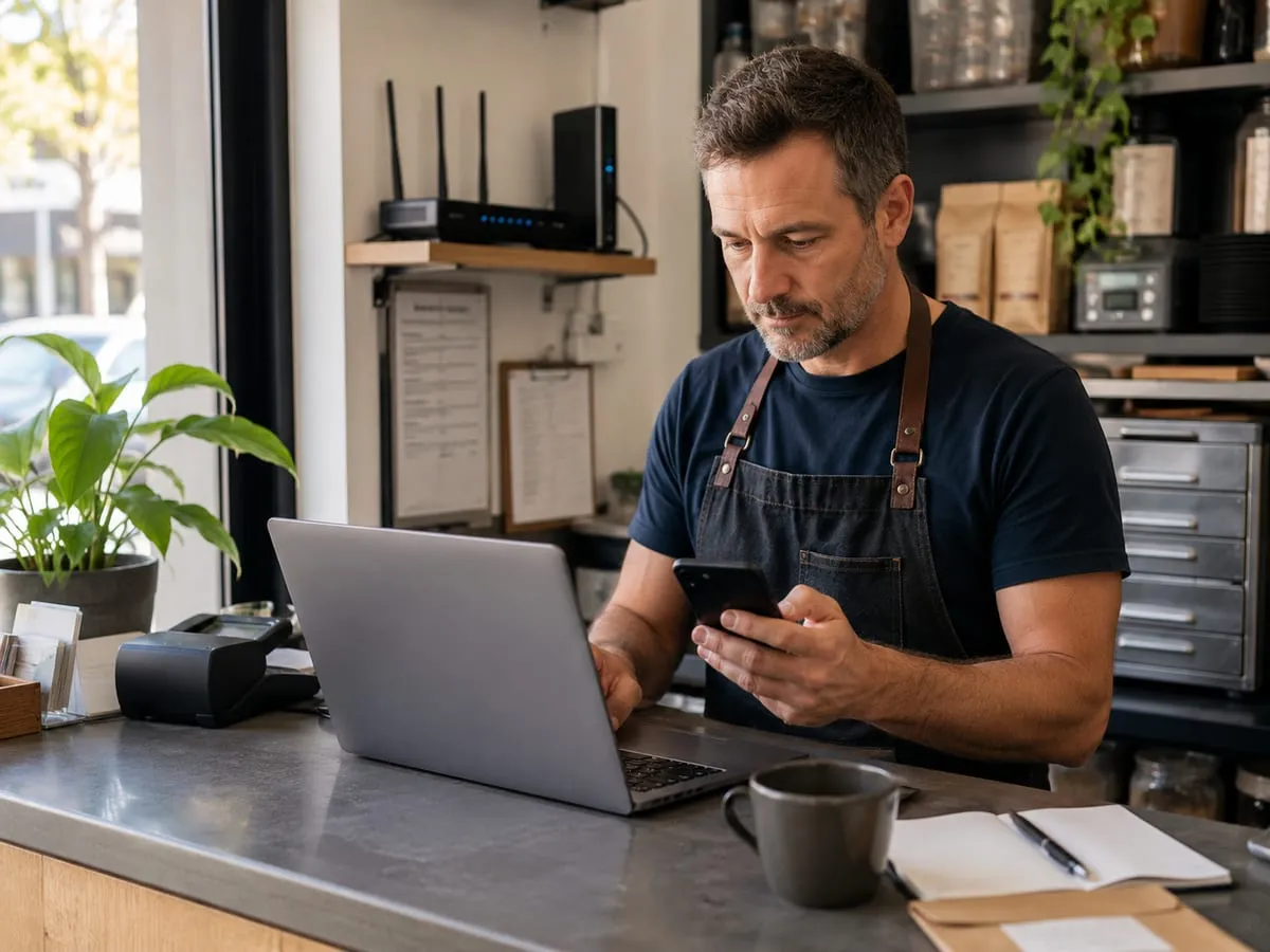 A small business owner managing their tech.