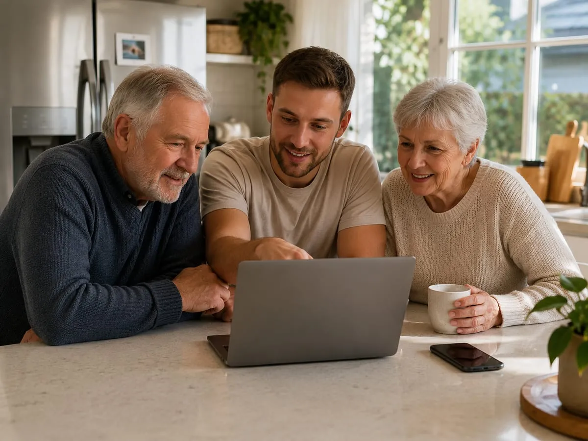 A family getting friendly help with a laptop at home.