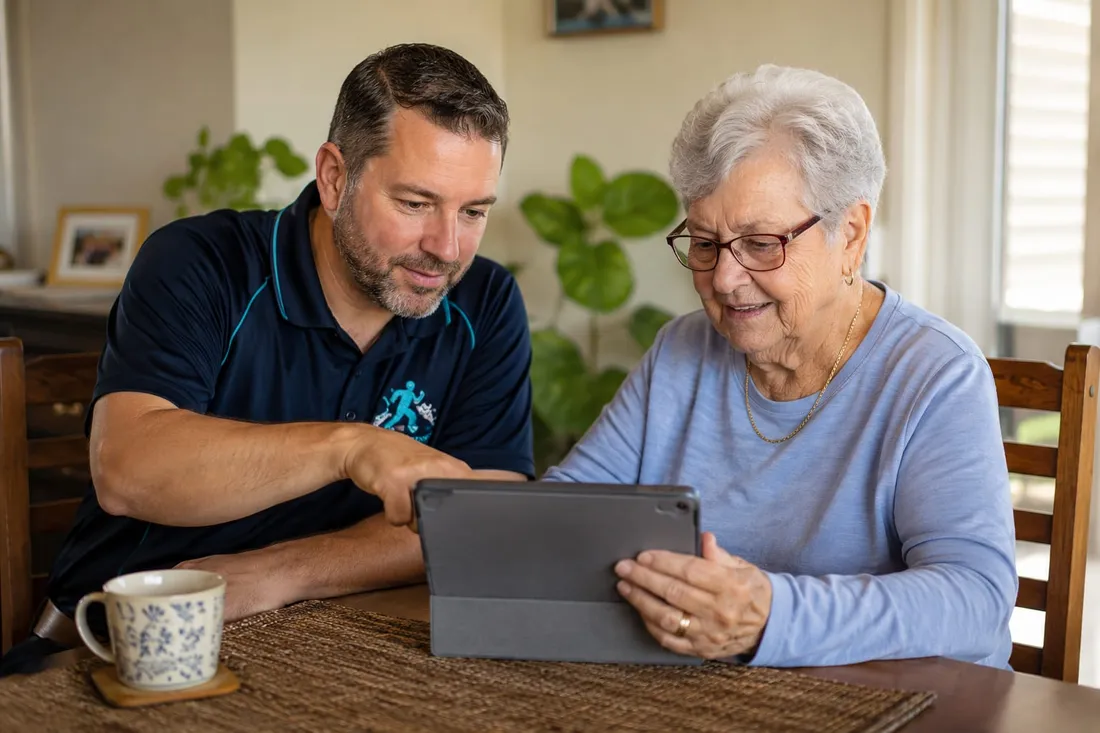 Patient one-on-one tech help with an older person at home.