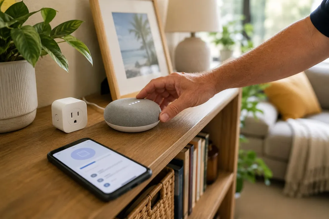 Setting up smart home devices in a living room.